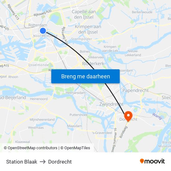 Station Blaak to Dordrecht map
