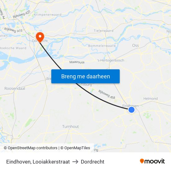 Eindhoven, Looiakkerstraat to Dordrecht map