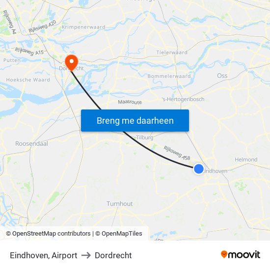 Eindhoven, Airport to Dordrecht map
