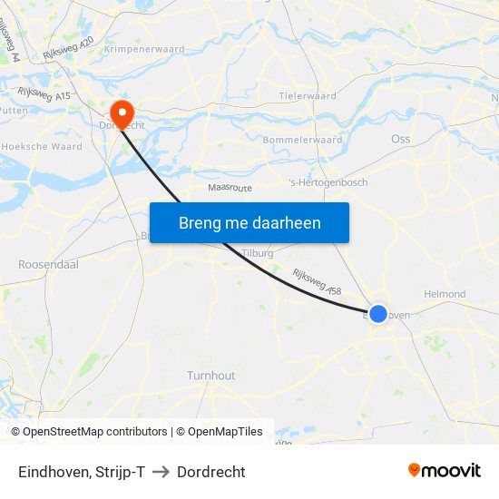Eindhoven, Strijp-T to Dordrecht map