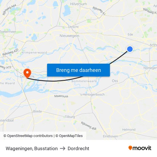 Wageningen, Busstation to Dordrecht map