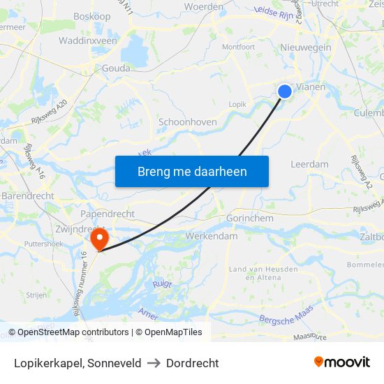 Lopikerkapel, Sonneveld to Dordrecht map