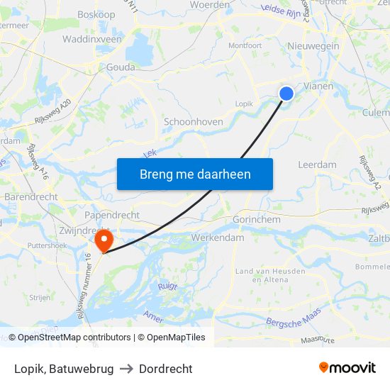 Lopik, Batuwebrug to Dordrecht map