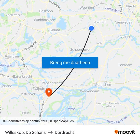Willeskop, De Schans to Dordrecht map