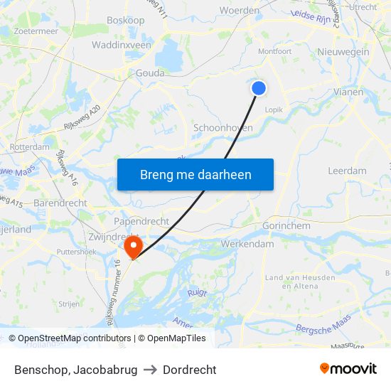 Benschop, Jacobabrug to Dordrecht map