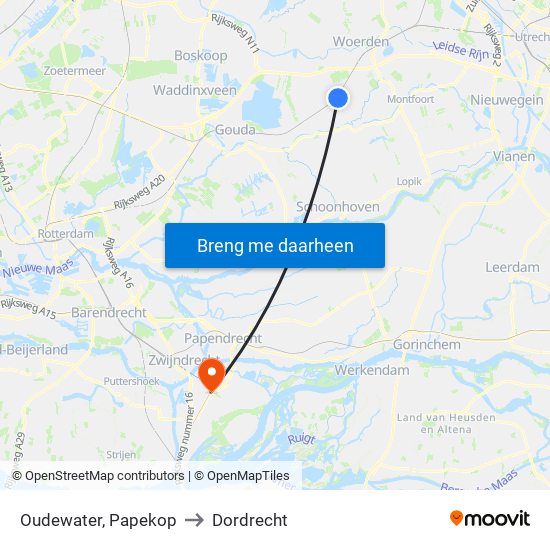 Oudewater, Papekop to Dordrecht map