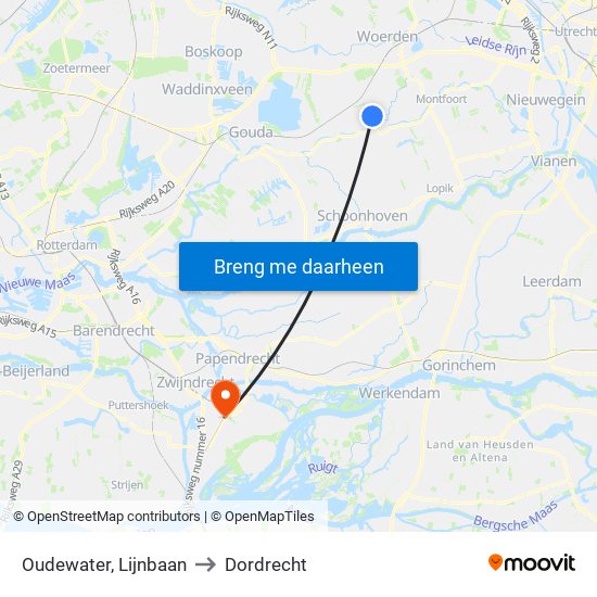Oudewater, Lijnbaan to Dordrecht map
