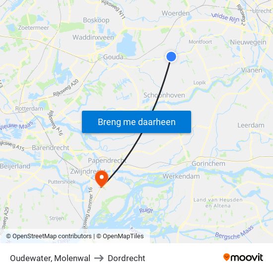Oudewater, Molenwal to Dordrecht map