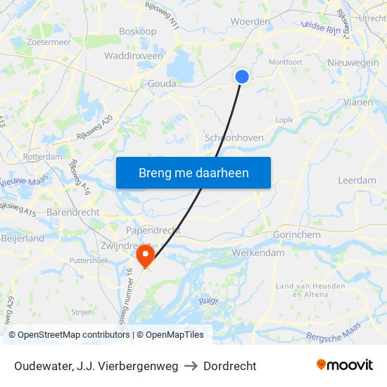 Oudewater, J.J. Vierbergenweg to Dordrecht map