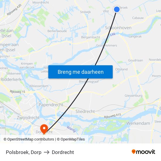 Polsbroek, Dorp to Dordrecht map