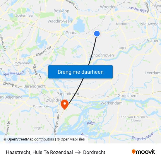 Haastrecht, Huis Te Rozendaal to Dordrecht map