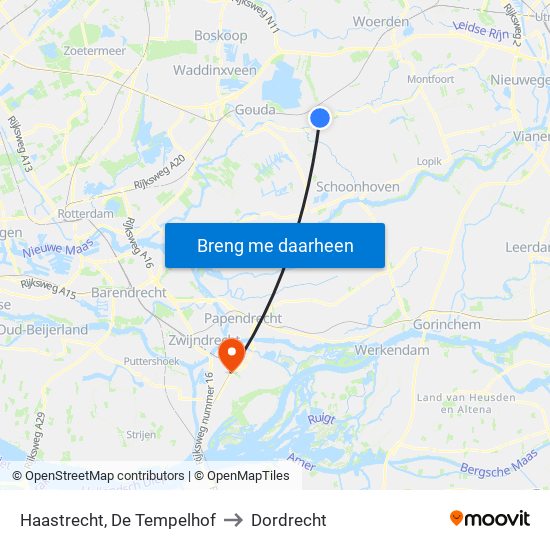 Haastrecht, De Tempelhof to Dordrecht map