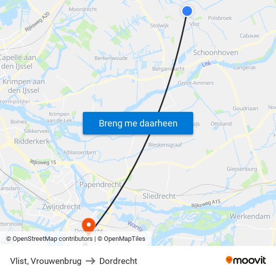 Vlist, Vrouwenbrug to Dordrecht map
