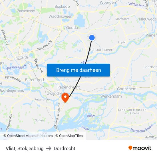Vlist, Stokjesbrug to Dordrecht map