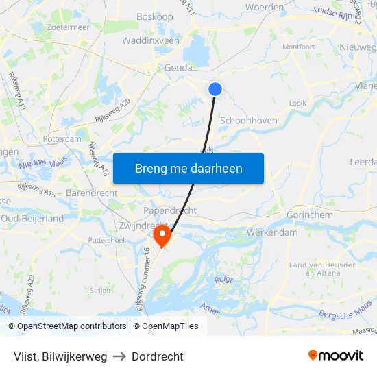 Vlist, Bilwijkerweg to Dordrecht map