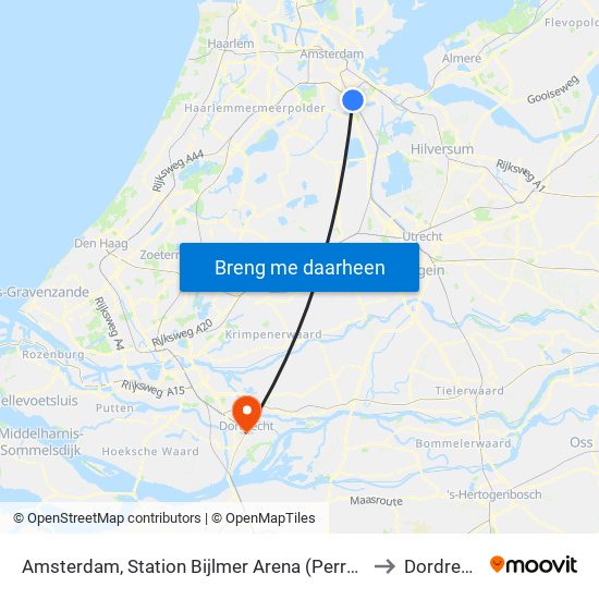 Amsterdam, Station Bijlmer Arena (Perron J) to Dordrecht map
