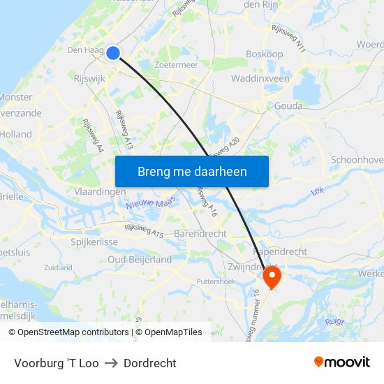 Voorburg 'T Loo to Dordrecht map