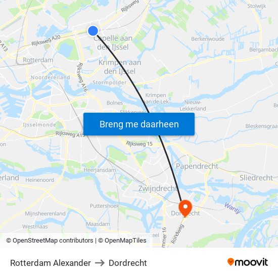 Rotterdam Alexander to Dordrecht map