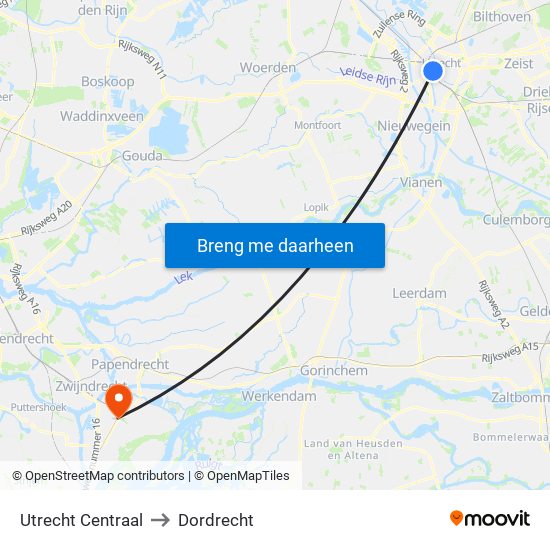 Utrecht Centraal to Dordrecht map