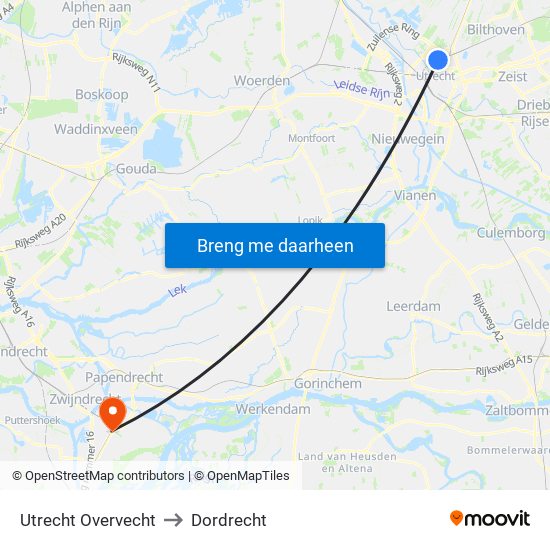 Utrecht Overvecht to Dordrecht map