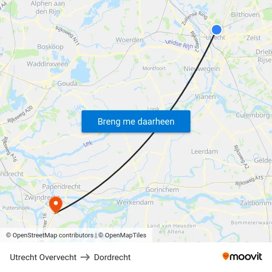 Utrecht Overvecht to Dordrecht map