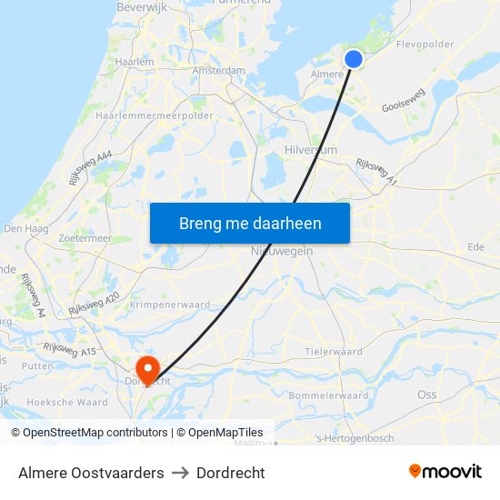 Almere Oostvaarders to Dordrecht map