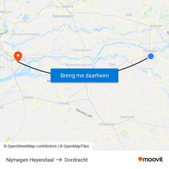 Nijmegen Heyendaal to Dordrecht map