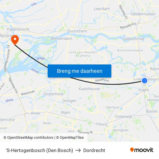 'S-Hertogenbosch (Den Bosch) to Dordrecht map