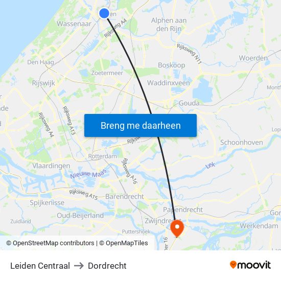 Leiden Centraal to Dordrecht map