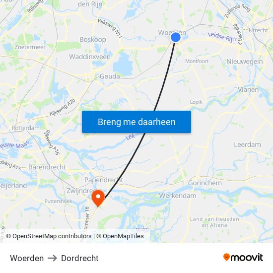 Woerden to Dordrecht map