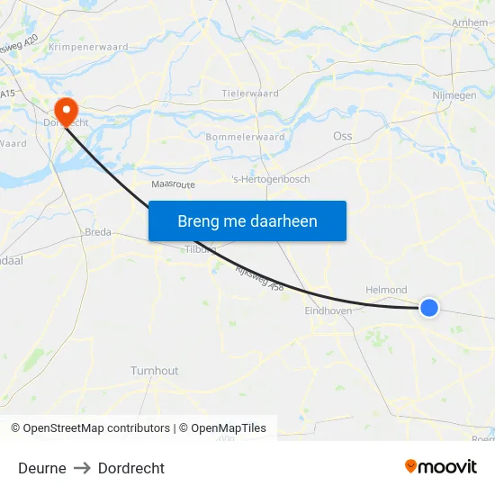 Deurne to Dordrecht map