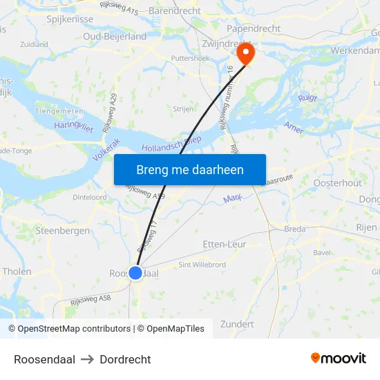 Roosendaal to Dordrecht map