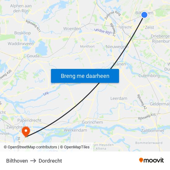 Bilthoven to Dordrecht map