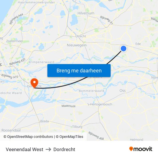 Veenendaal West to Dordrecht map