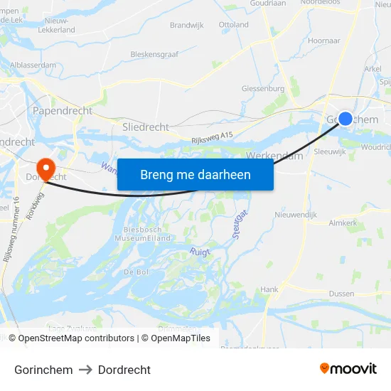 Gorinchem to Dordrecht map