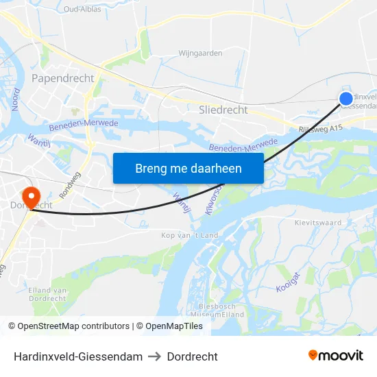 Hardinxveld-Giessendam to Dordrecht map