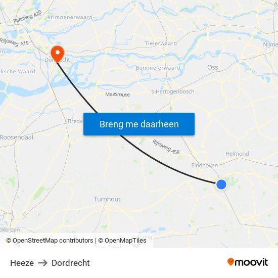 Heeze to Dordrecht map