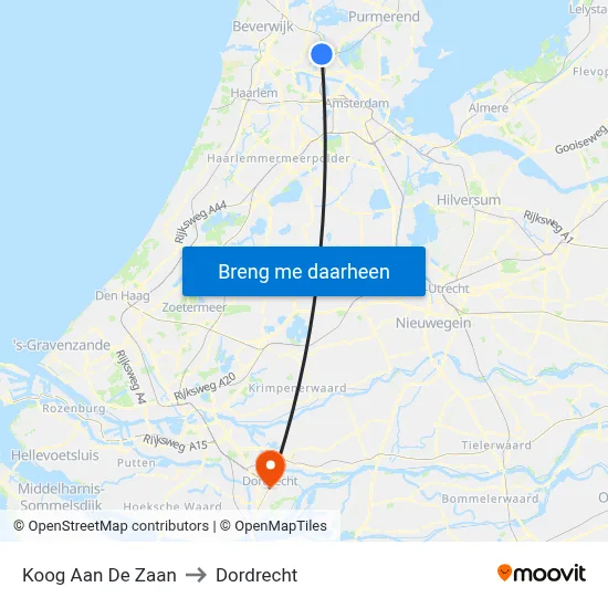 Koog Aan De Zaan to Dordrecht map