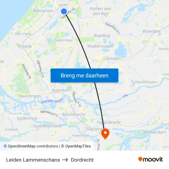 Leiden Lammenschans to Dordrecht map