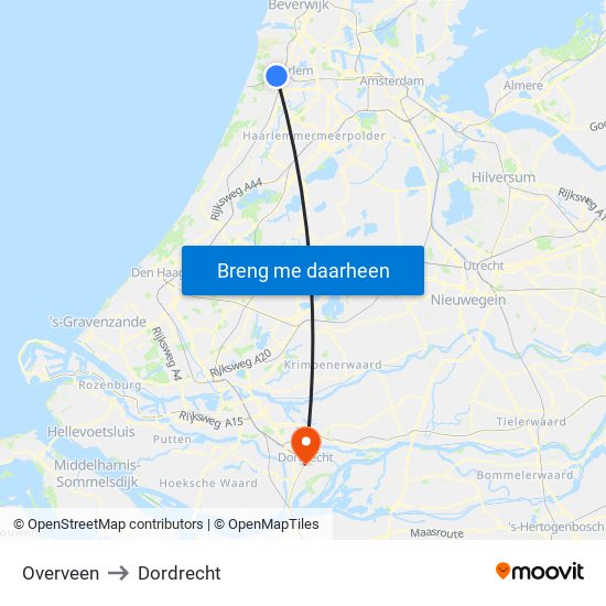 Overveen to Dordrecht map