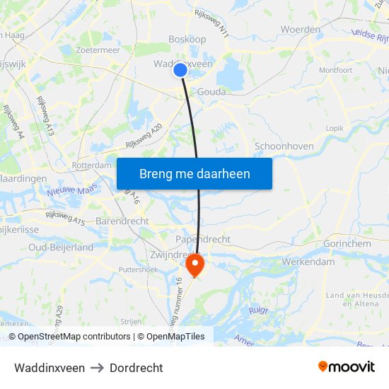 Waddinxveen to Dordrecht map