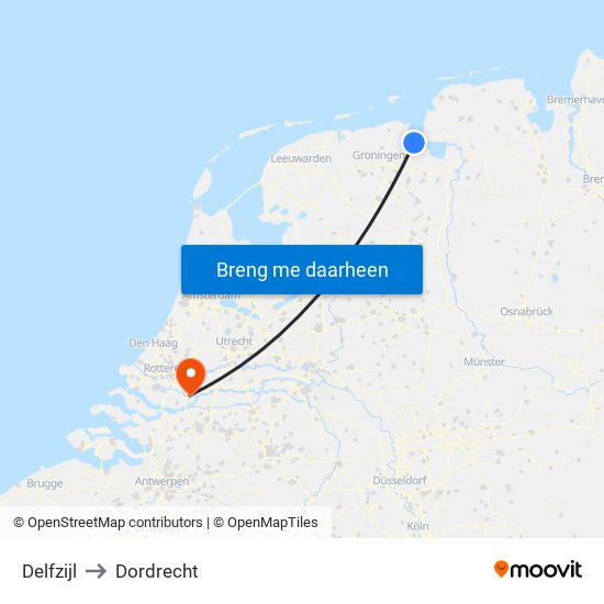 Delfzijl to Dordrecht map