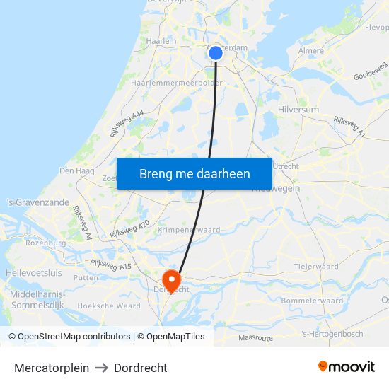 Mercatorplein to Dordrecht map