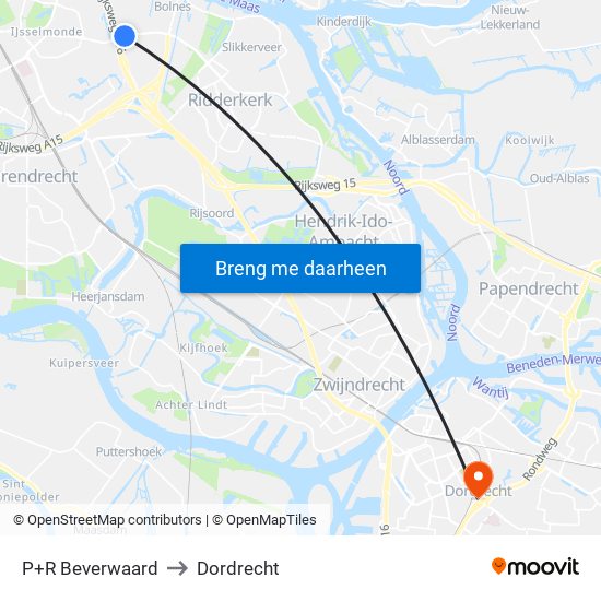 P+R Beverwaard to Dordrecht map