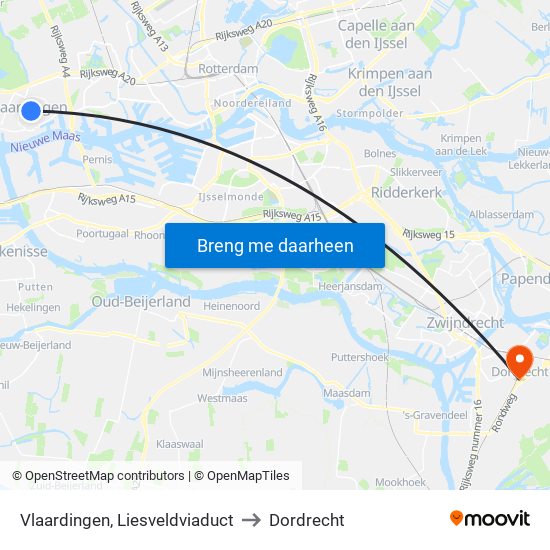 Vlaardingen, Liesveldviaduct to Dordrecht map