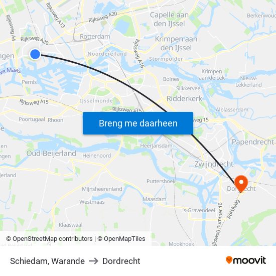 Schiedam, Warande to Dordrecht map