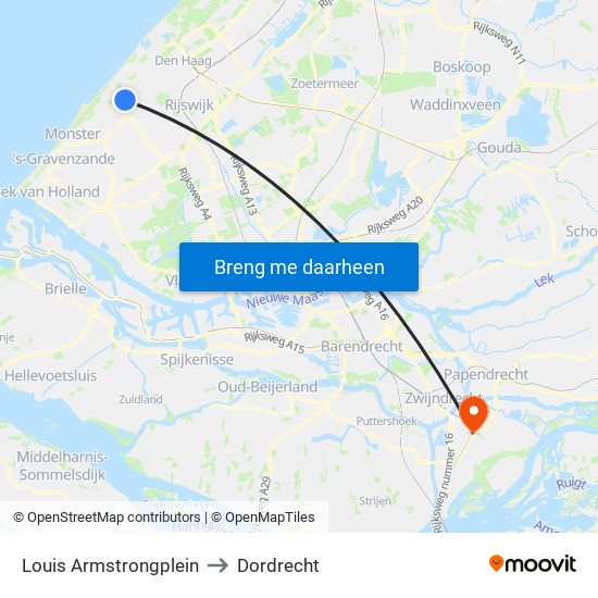 Louis Armstrongplein to Dordrecht map