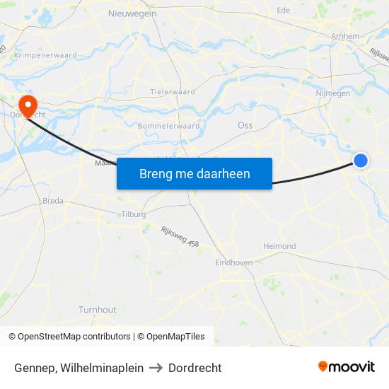 Gennep, Wilhelminaplein to Dordrecht map