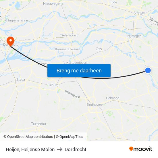 Heijen, Heijense Molen to Dordrecht map