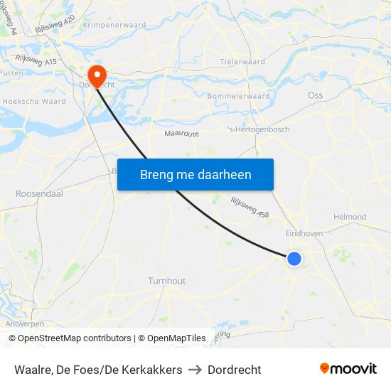 Waalre, De Foes/De Kerkakkers to Dordrecht map